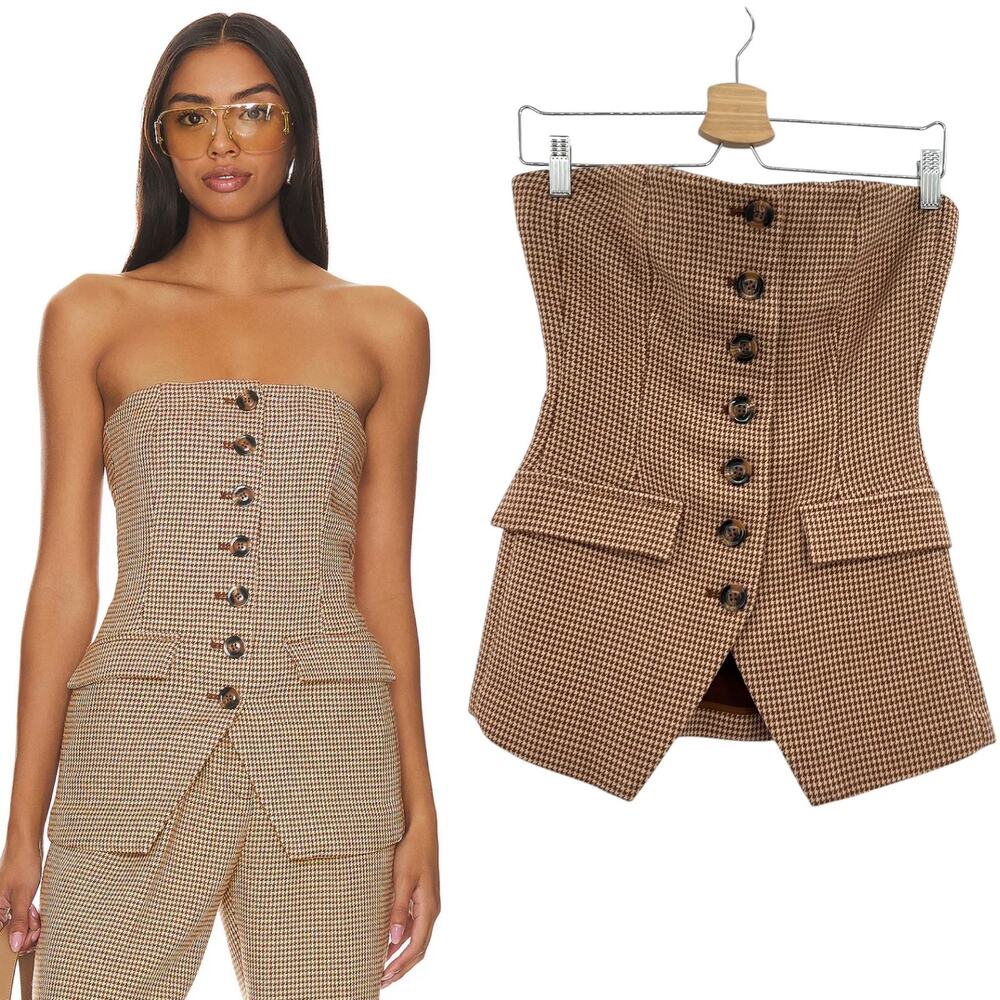 Favorite Daughter Phoebe Houndstooth Bustier Top Strapless Brown Size 4